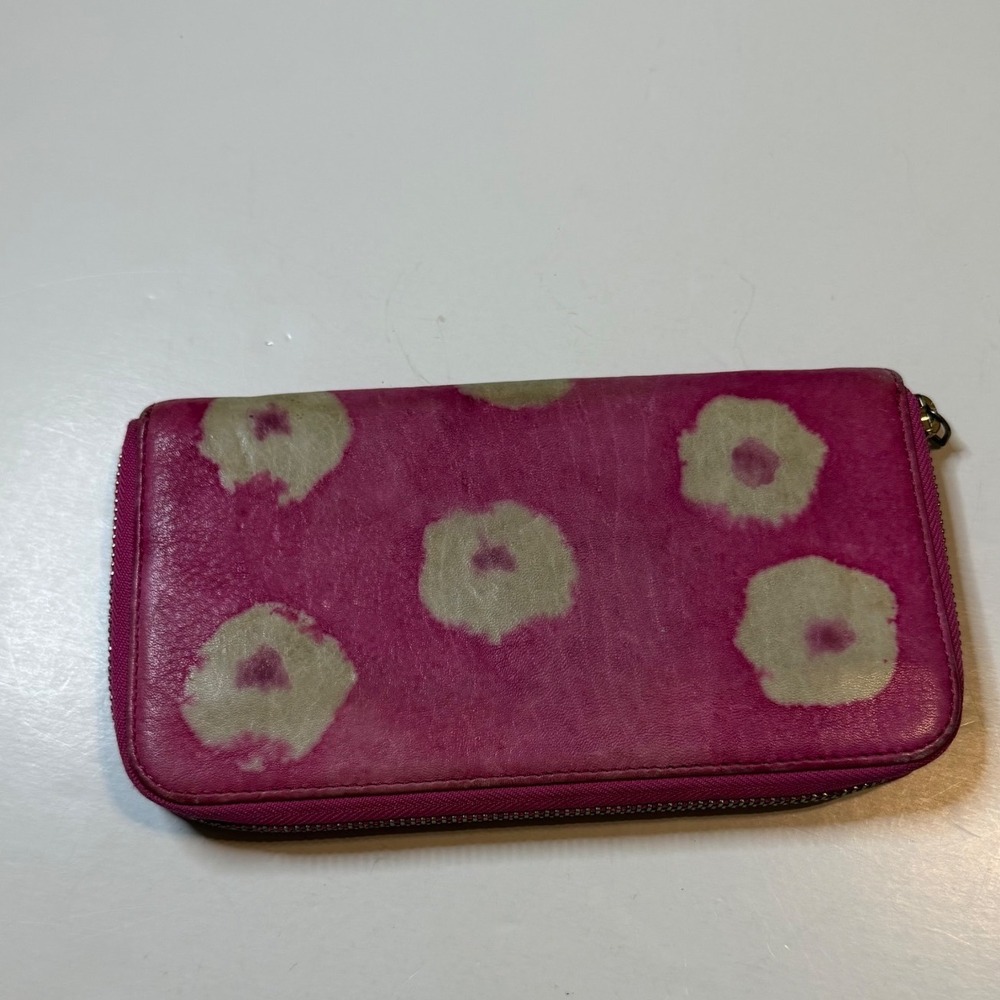 Anthropologie Pink Leather Zip Around Continental Wallet Floral Print Magenta